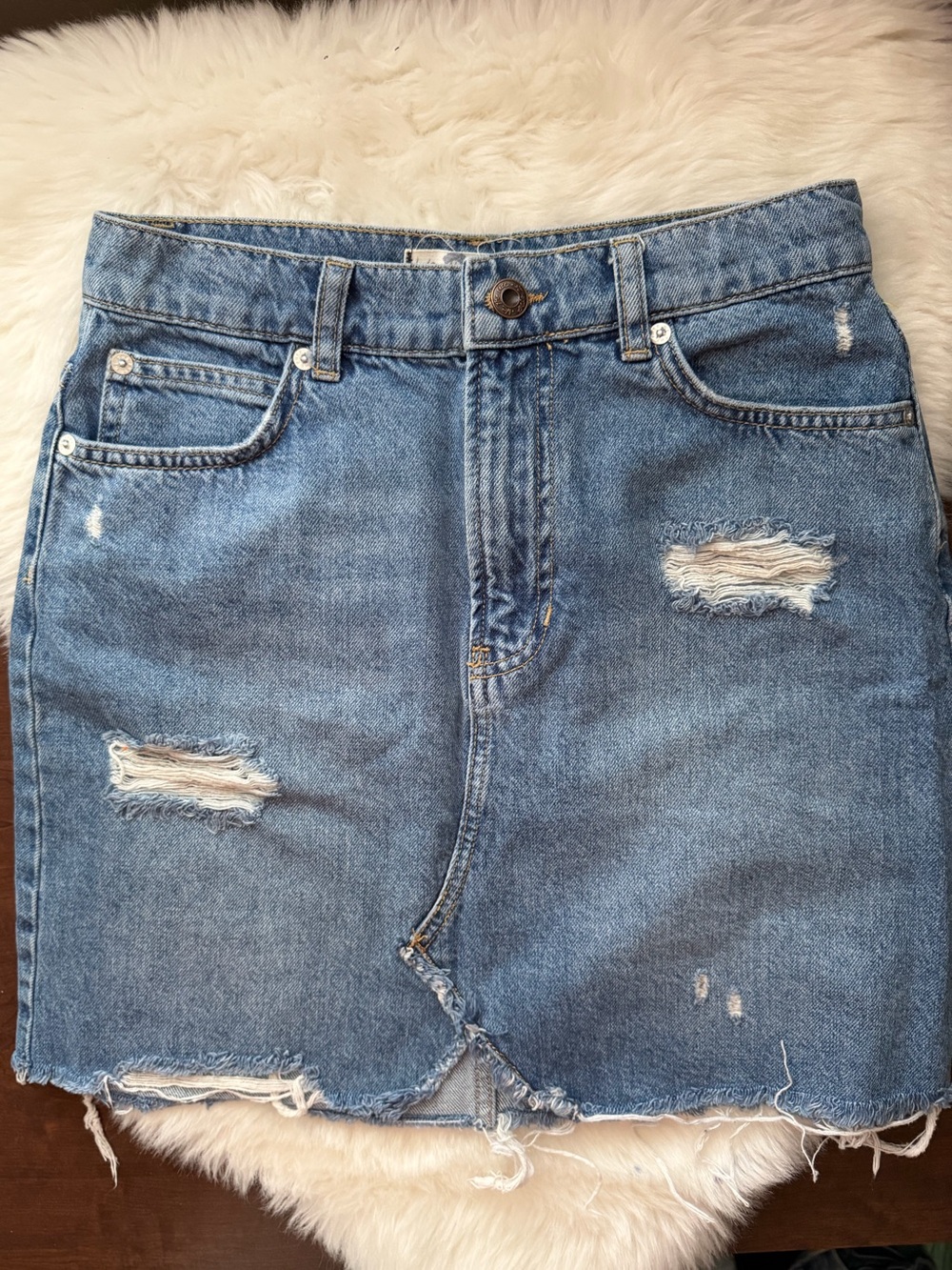 We The Free Light Blue Distressed Denim Mini Skirt